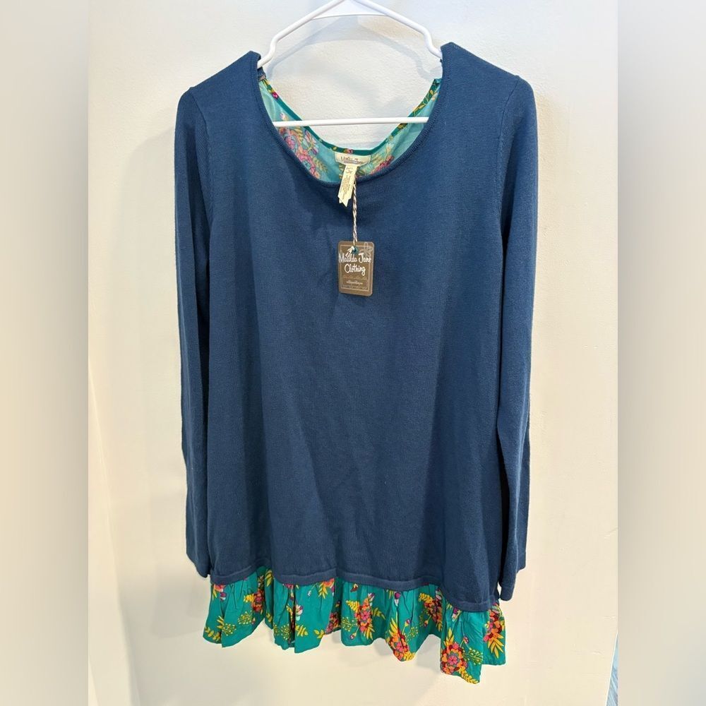 Matilda Jane Navy Long Sleeve Top with Floral Hem